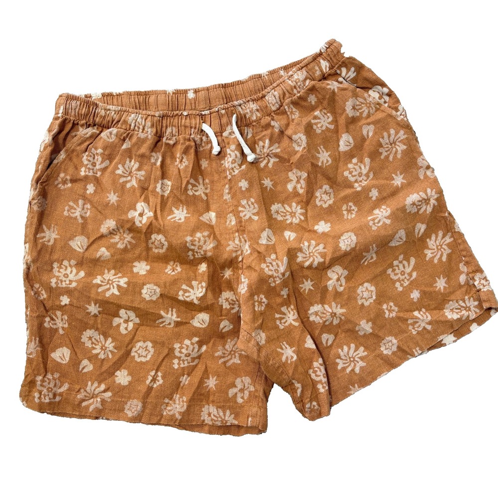 Alex Crane Shorts Mens Extra Large Orange Coral 100% Linen Elastic Waist AOP